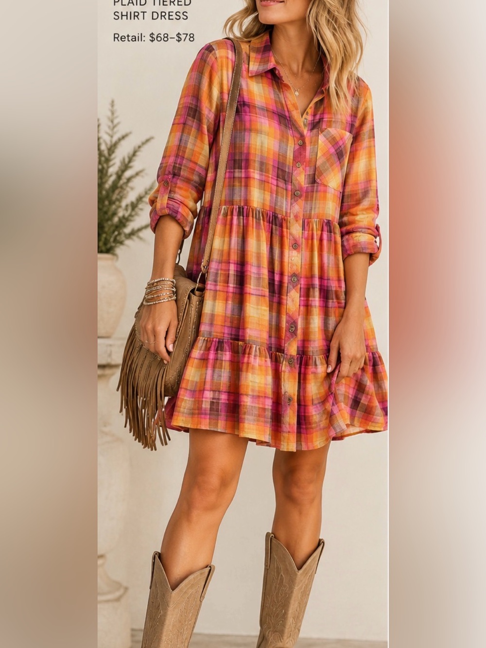 Easel Plaid Tiered Button-Front Mini Dress in Pink and Orange